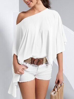 White Asymmetrical Off-The-Shoulder Flowy Cloak Top